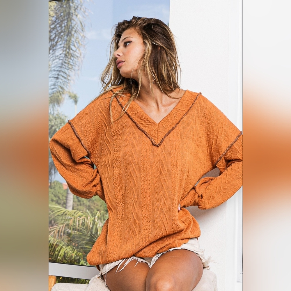 BiBi Textured Exposed Seam Drop Shoulder Knit Top
